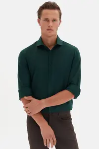 D'S Damat Ds Damat Slim Fit Dark Green Italian Collar Dobby Long Sleeve Easy to Iron Breathable Four-piece - Image 4
