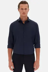D'S Damat Ds Damat Slim Fit Navy Blue Italian Collar Dobby Long Sleeve Easy Ironable Breathable Four-piece - Image 2