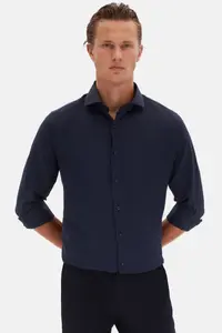 D'S Damat Ds Damat Slim Fit Navy Blue Italian Collar Dobby Long Sleeve Easy Ironable Breathable Four-piece - Image 4
