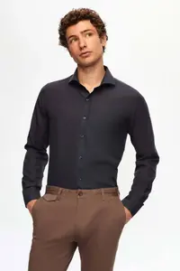D'S Damat Ds Damat Slim Fit Navy Blue Classic Tie Long Sleeve Easily Ironable Shirt