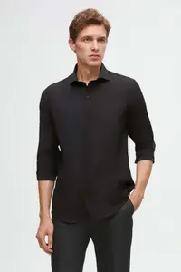 D'S Damat Ds Damat Slim Fit Black Italian Collar Easy-Iron 2-Piece Shirt - Image 4
