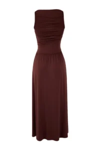 TRENDYOLMİLLA Limited Edition Brown A-Line/Life Boat Neck Shirred LONG Soft Knitting Dress - Image 6