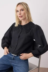 TRENDYOLMİLLA Black Boho Guipure Collar Detailed Lightweight Crop Shirt