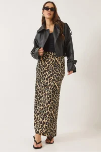 Bianco Lucci Women's Leopard Patterned Long Pencil Skirt with Elastic Waist 0258