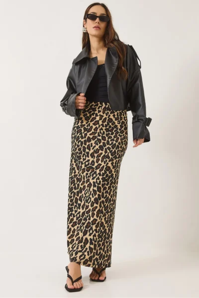 Bianco Lucci Women's Leopard Patterned Long Pencil Skirt with Elastic Waist 0258