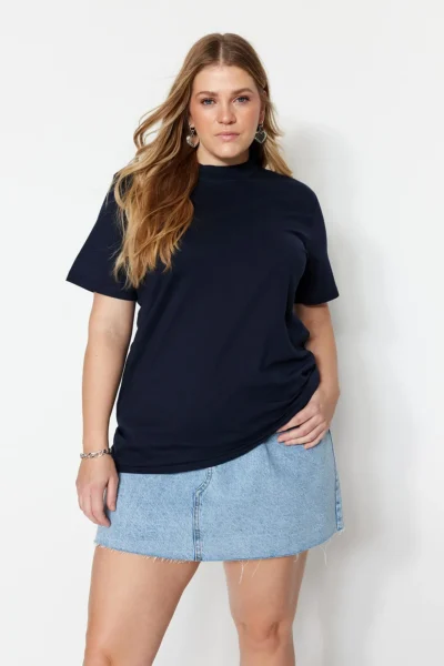 Trendyol Curve Navy Blue Ribbed Relaxed 100% Cotton Knitting T-Shirt