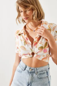 Bianco Lucci Women Ring Detailed Tied Up Crop Shirt