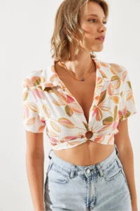 Bianco Lucci Women Ring Detailed Tied Up Crop Shirt - Image 2