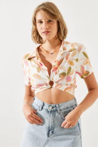 Bianco Lucci Women Ring Detailed Tied Up Crop Shirt - Image 5