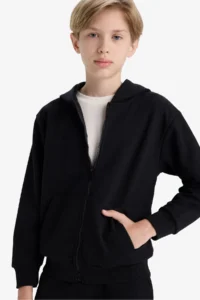 DeFacto Boy's Basic Plain Black Hooded School Cardigan with Zipper Pocket