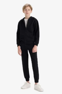 DeFacto Boy's Basic Plain Black Hooded School Cardigan with Zipper Pocket - Image 2