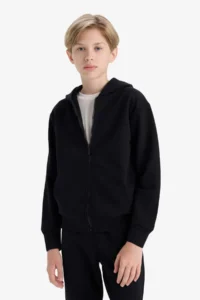 DeFacto Boy's Basic Plain Black Hooded School Cardigan with Zipper Pocket - Image 3