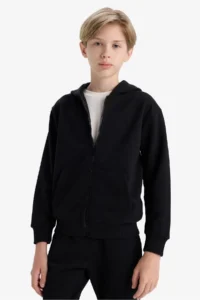 DeFacto Boy's Basic Plain Black Hooded School Cardigan with Zipper Pocket - Image 4
