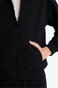 DeFacto Boy's Basic Plain Black Hooded School Cardigan with Zipper Pocket - Image 5