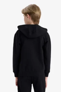 DeFacto Boy's Basic Plain Black Hooded School Cardigan with Zipper Pocket - Image 6