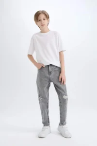 DeFacto Boy's Balloon Fit Ripped Detailed Straight Leg Jean Trousers