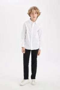 DeFacto Boy's Polo Neck Poplin Long Sleeve Basic Plain White School Shirt T8853a624au - Image 2