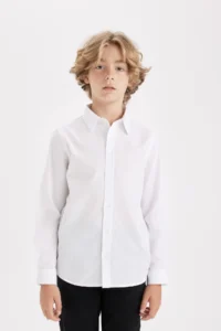 DeFacto Boy's Polo Neck Poplin Long Sleeve Basic Plain White School Shirt T8853a624au - Image 3