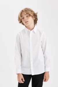 DeFacto Boy's Polo Neck Poplin Long Sleeve Basic Plain White School Shirt T8853a624au - Image 4