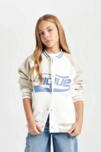 DeFacto Girl's College Collar Snap Fastener Double Pocket Printed Soft Furry Seasonal Bomber Jacket