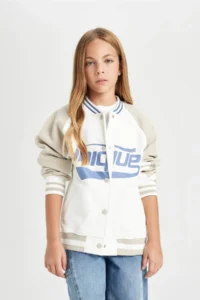DeFacto Girl's College Collar Snap Fastener Double Pocket Printed Soft Furry Seasonal Bomber Jacket - Image 3