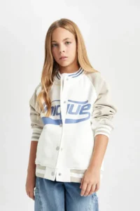 DeFacto Girl's College Collar Snap Fastener Double Pocket Printed Soft Furry Seasonal Bomber Jacket - Image 4