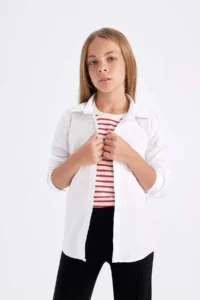 DeFacto Girl's Slim Fit Slim Fit Bengalin Long Sleeve Basic Plain White School Shirt K9023a624au