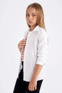 DeFacto Girl's Slim Fit Slim Fit Bengalin Long Sleeve Basic Plain White School Shirt K9023a624au - Image 3