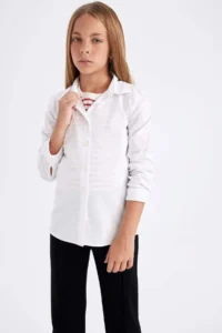 DeFacto Girl's Slim Fit Slim Fit Bengalin Long Sleeve Basic Plain White School Shirt K9023a624au - Image 5