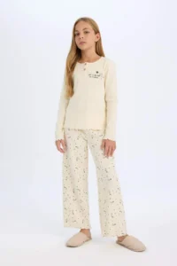 DeFacto DFC - Girl's Regular Fit Ribbed Camisole Printed Long Sleeve Pajama Set