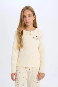DeFacto DFC - Girl's Regular Fit Ribbed Camisole Printed Long Sleeve Pajama Set - Image 3