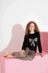 Tarık Girl Teen AND Child Leopard Pattern Long Sleeve French Velvet Fabric Winter Warm Pajama Set