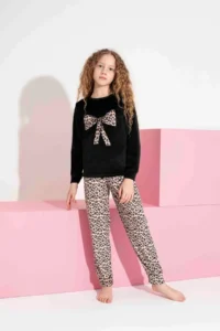Tarık Girl Teen AND Child Leopard Pattern Long Sleeve French Velvet Fabric Winter Warm Pajama Set - Image 2