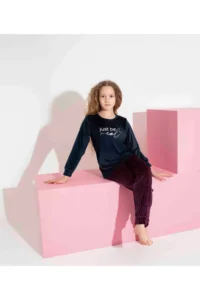 Tarık Girl Teen AND Child Cartoon Pattern Long Sleeve French Velvet Fabric Winter Warm Pajama Set