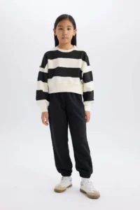 DeFacto Girl's 2-Piece Set Striped Sweatshirt Elastic Waist Jogger Sweatpants
