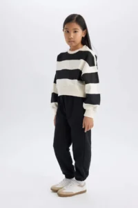 DeFacto Girl's 2-Piece Set Striped Sweatshirt Elastic Waist Jogger Sweatpants - Image 2