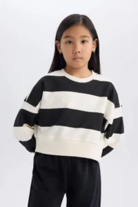DeFacto Girl's 2-Piece Set Striped Sweatshirt Elastic Waist Jogger Sweatpants - Image 3