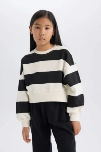DeFacto Girl's 2-Piece Set Striped Sweatshirt Elastic Waist Jogger Sweatpants - Image 4