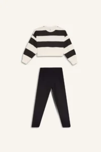 DeFacto Girl's 2-Piece Set Striped Sweatshirt Elastic Waist Jogger Sweatpants - Image 8