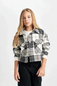DeFacto DFC - Girl's Crop Checked Long Sleeve Shirt Jacket
