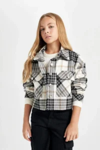 DeFacto DFC - Girl's Crop Checked Long Sleeve Shirt Jacket - Image 3