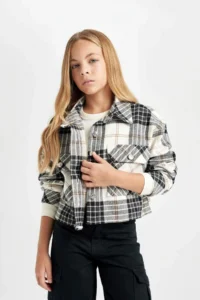DeFacto DFC - Girl's Crop Checked Long Sleeve Shirt Jacket - Image 4