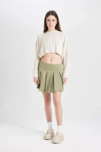DeFacto Pleated Normal Waist Basic Plain Gabardine Mini Skirt - Image 2
