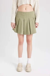 DeFacto Pleated Normal Waist Basic Plain Gabardine Mini Skirt - Image 4