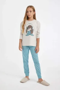 DeFacto Girl's Pajama Set Printed Long Sleeve Top with Elastic Waist Long Bottom
