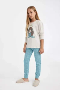 DeFacto Girl's Pajama Set Printed Long Sleeve Top with Elastic Waist Long Bottom - Image 2
