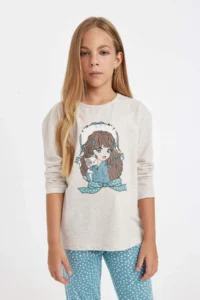 DeFacto Girl's Pajama Set Printed Long Sleeve Top with Elastic Waist Long Bottom - Image 3