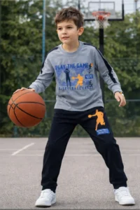 Tarık Boy's Basketball Printed Pajama Set Long Sleeve Grey-Black