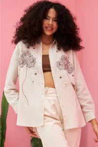 FEMELLE Women's Beige Sequins and Embroidery Standard Size Oversize Shirt