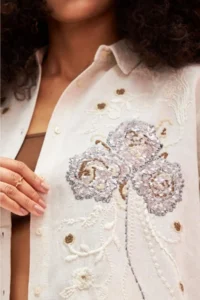 FEMELLE Women's Beige Sequins and Embroidery Standard Size Oversize Shirt - Image 2